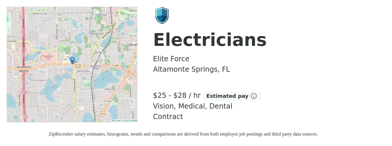 Elite Force job posting for a Electricians in Altamonte Springs, FL with a salary of $26 to $30 Hourly and benefits including life_insurance, medical, vision, and dental with a map of Altamonte Springs location.