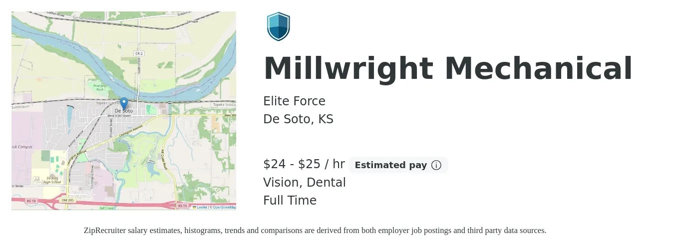Elite Force job posting for a Millwright Mechanical in De Soto, KS with a salary of $25 to $27 Hourly and benefits including vision, dental, and life_insurance with a map of De Soto location.