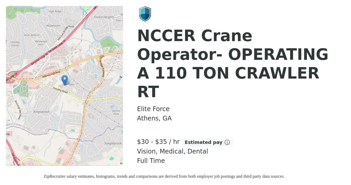 Elite Force job posting for a NCCER Crane Operator- OPERATING A 110 TON CRAWLER RT in Athens, GA with a salary of $32 to $37 Hourly and benefits including dental, life_insurance, medical, and vision with a map of Athens location.