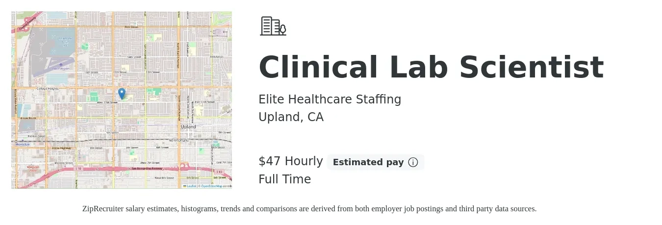 Elite Healthcare Staffing job posting for a Clinical Lab Scientist in Upland, CA with a salary of $49 Hourly with a map of Upland location.