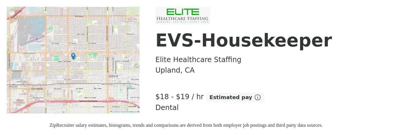 Elite Healthcare Staffing job posting for a EVS-Housekeeper in Upland, CA with a salary of $19 to $20 Hourly and benefits including dental, life_insurance, and retirement with a map of Upland location.