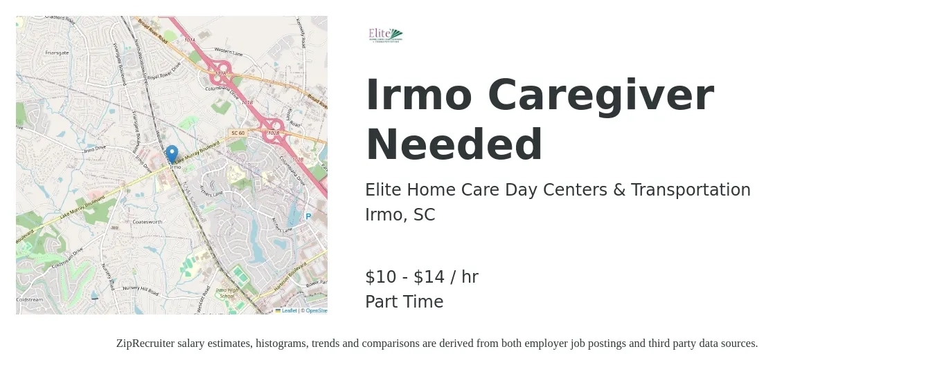 Elite Home Care Day Centers & Transportation job posting for a Irmo Caregiver Needed in Irmo, SC with a salary of $11 to $15 Hourly with a map of Irmo location.