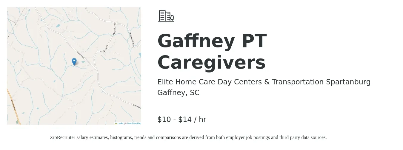 Elite Home Care Day Centers & Transportation Spartanburg job posting for a Gaffney PT Caregivers in Gaffney, SC with a salary of $11 to $15 Hourly with a map of Gaffney location.
