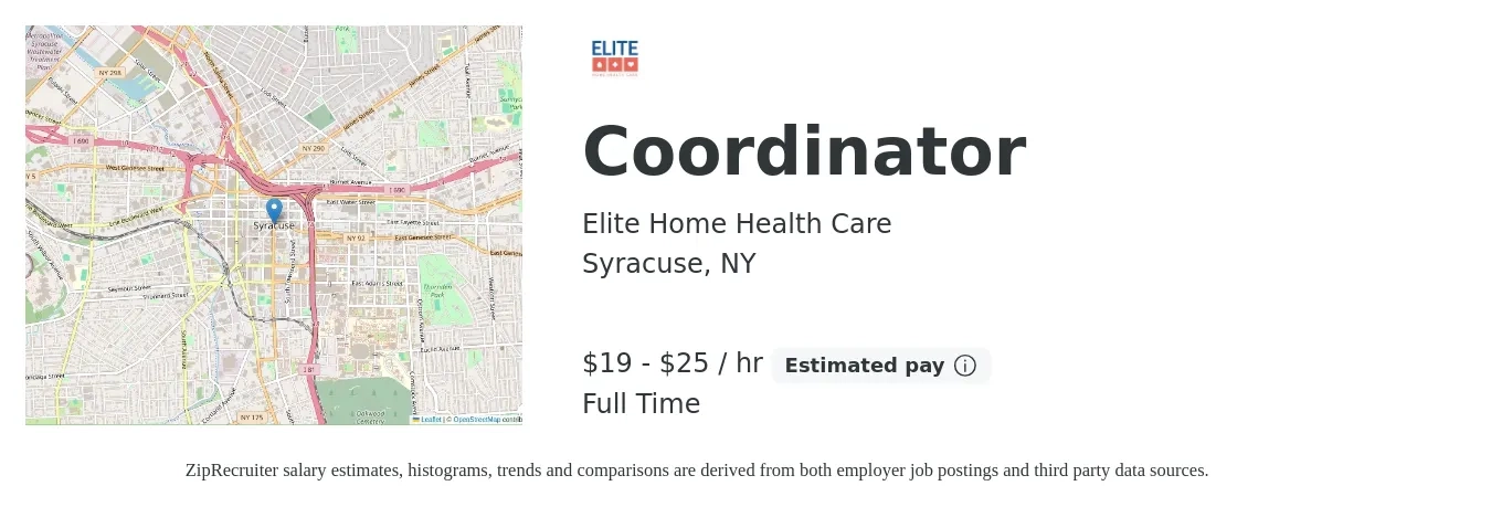 Elite Home Health Care job posting for a Coordinator in Syracuse, NY with a salary of $20 to $26 Hourly with a map of Syracuse location.