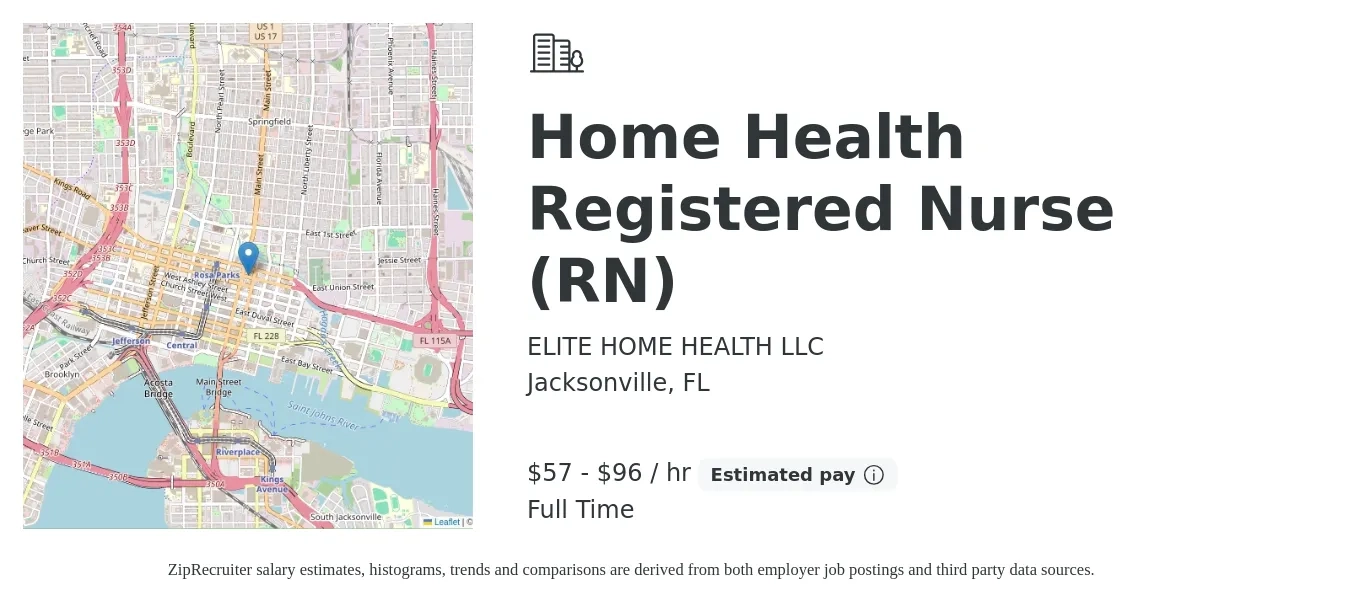 ELITE HOME HEALTH LLC job posting for a Home Health Registered Nurse (RN) in Jacksonville, FL with a salary of $60 to $100 Hourly with a map of Jacksonville location.