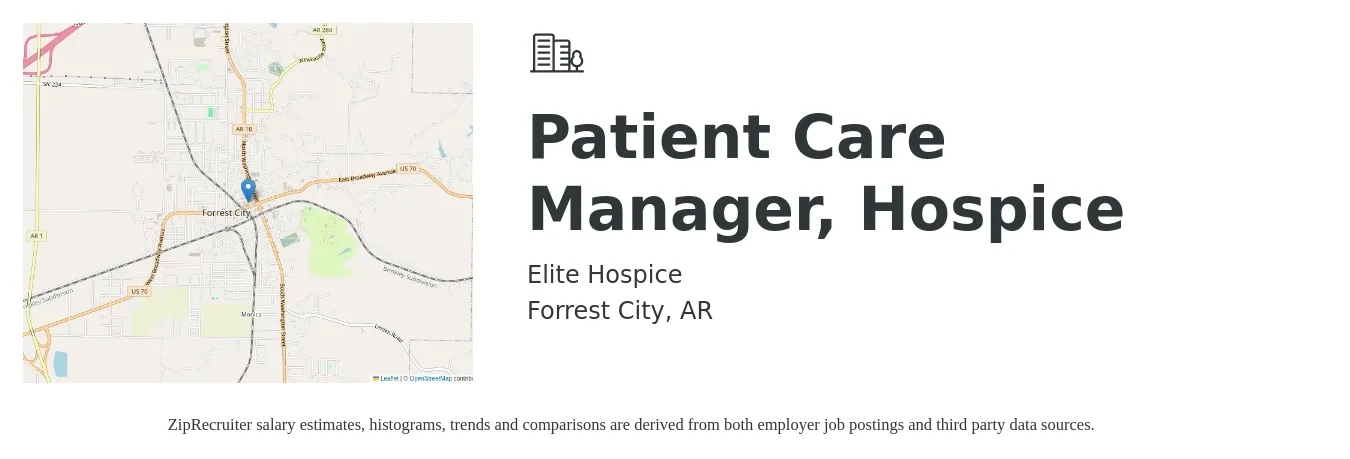 Elite Hospice job posting for a Patient Care Manager Hospice in Forrest City, AR with a salary of $24 to $52 Hourly with a map of Forrest City location.