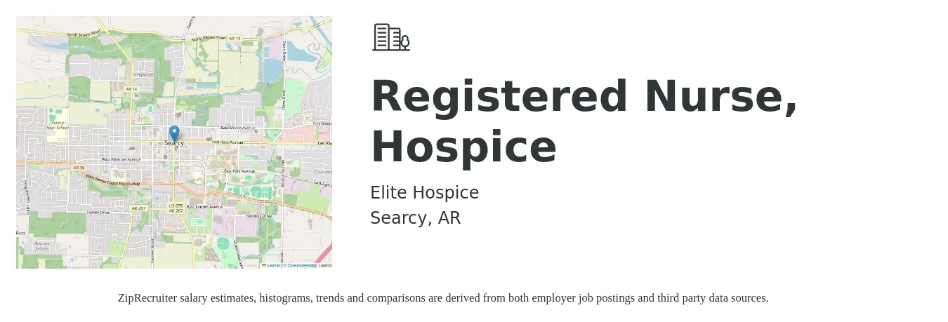 Elite Hospice job posting for a Registered Nurse Hospice in Searcy, AR with a salary of $64,100 to $81,000 Yearly with a map of Searcy location.