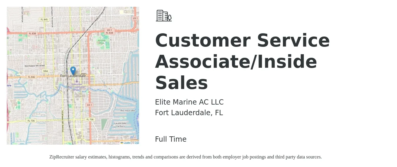 Elite Marine AC LLC job posting for a Customer Service Associate/Inside Sales in Fort Lauderdale, FL with a salary of $14 to $29 Hourly with a map of Fort Lauderdale location.