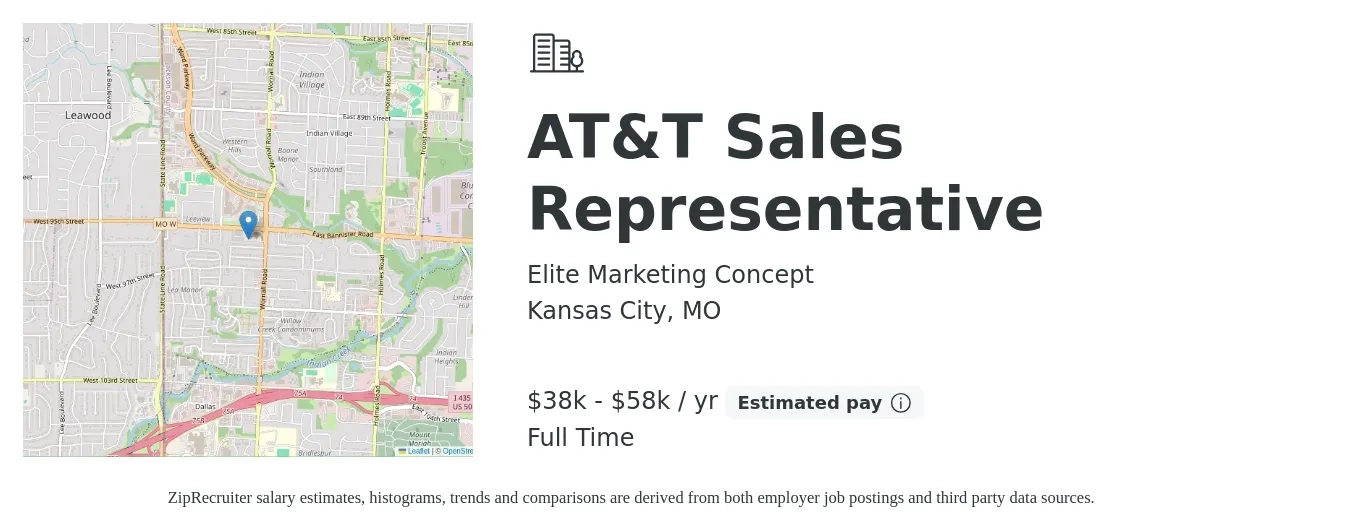 Elite Marketing Concept job posting for a AT&T Sales Representative in Kansas City, MO with a salary of $38,000 to $58,000 Yearly with a map of Kansas City location.