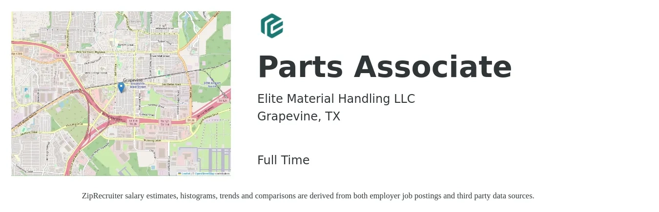 Elite Material Handling LLC job posting for a Parts Associate in Grapevine, TX with a salary of $15 to $20 Hourly with a map of Grapevine location.