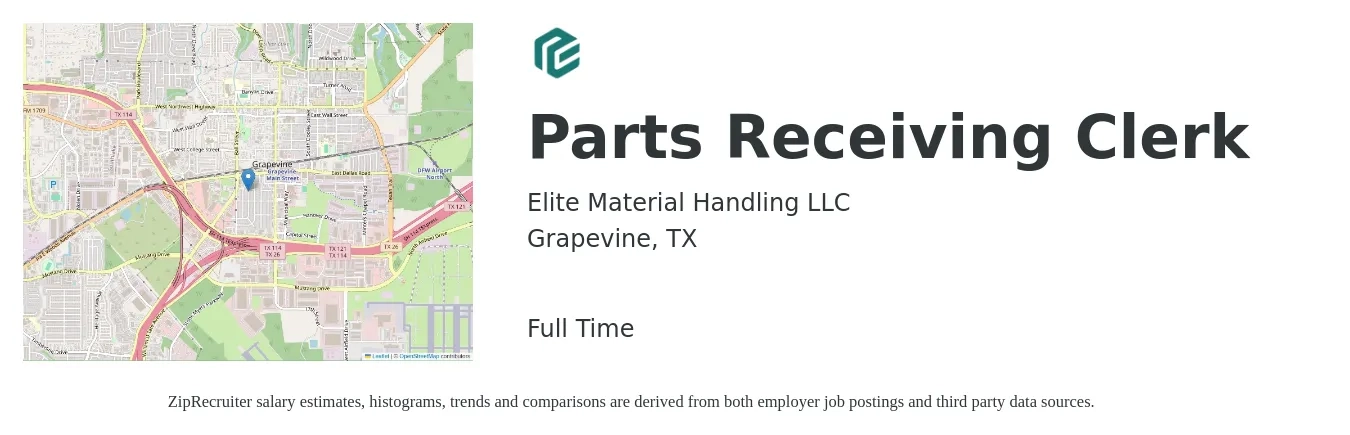 Elite Material Handling LLC job posting for a Parts Receiving Clerk in Grapevine, TX with a salary of $15 to $18 Hourly with a map of Grapevine location.