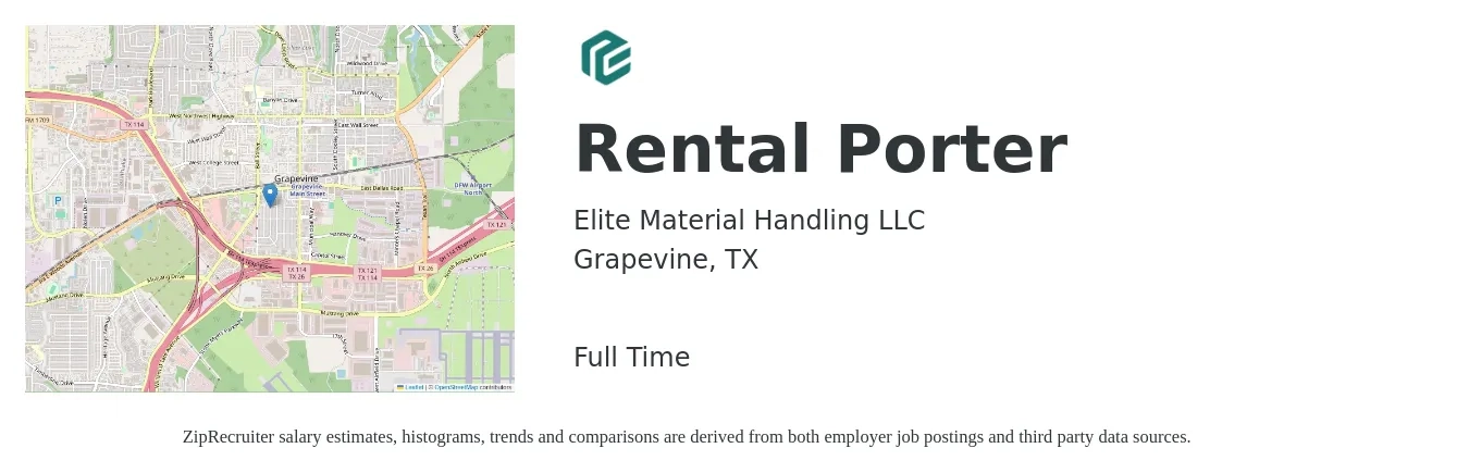 Elite Material Handling LLC job posting for a Rental Porter in Grapevine, TX with a salary of $12 to $16 Hourly with a map of Grapevine location.