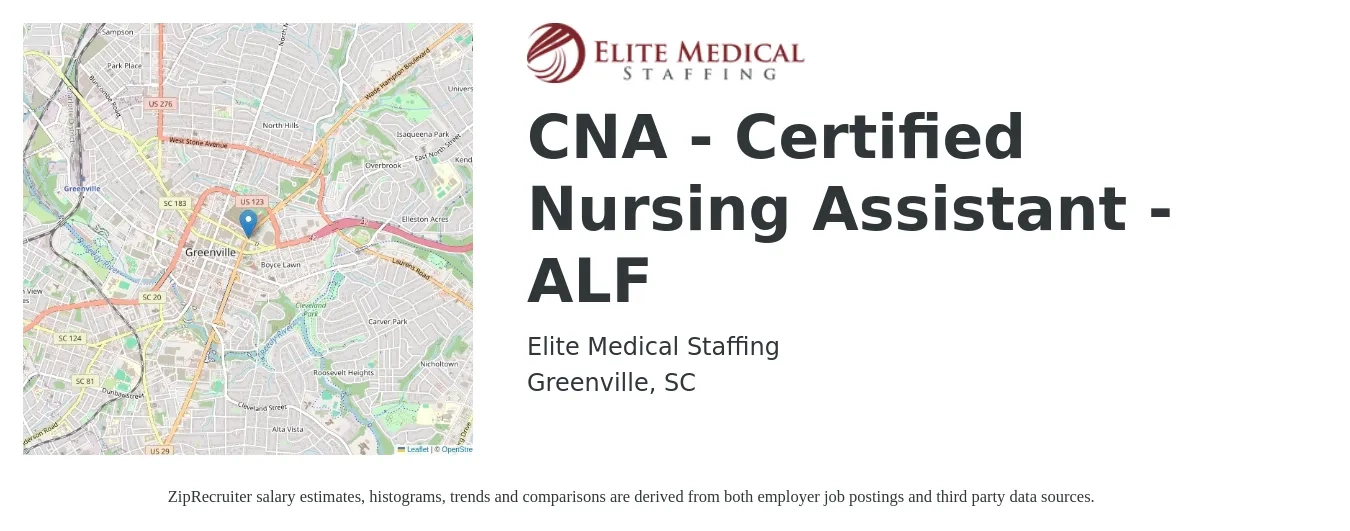 Elite Medical Staffing job posting for a CNA - Certified Nursing Assistant - ALF in Greenville, SC with a salary of $16 to $22 Hourly with a map of Greenville location.