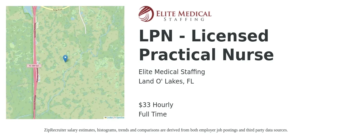 Elite Medical Staffing job posting for a LPN - Licensed Practical Nurse in Land O' Lakes, FL with a salary of $35 Hourly with a map of Land O' Lakes location.