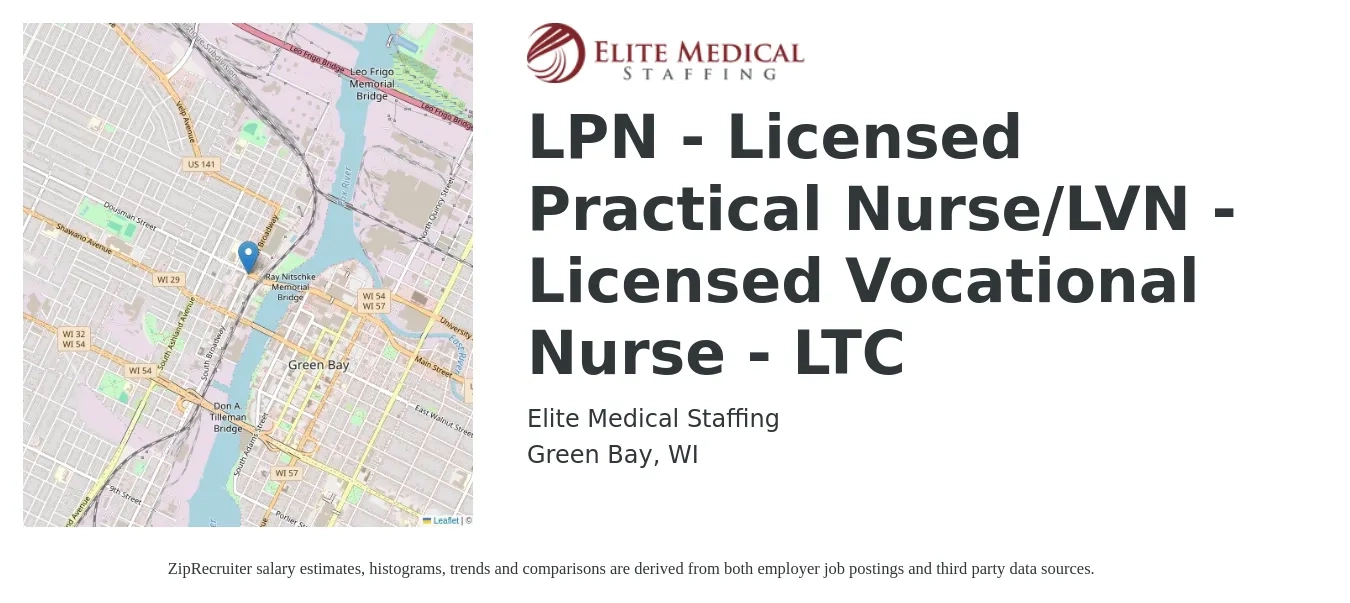 Elite Medical Staffing job posting for a LPN - Licensed Practical Nurse/LVN - Licensed Vocational Nurse - LTC in Green Bay, WI with a salary of $1,170 to $1,640 Weekly with a map of Green Bay location.