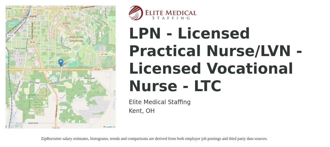 Elite Medical Staffing job posting for a LPN - Licensed Practical Nurse/LVN - Licensed Vocational Nurse - LTC in Kent, OH with a salary of $1,090 to $1,540 Weekly with a map of Kent location.