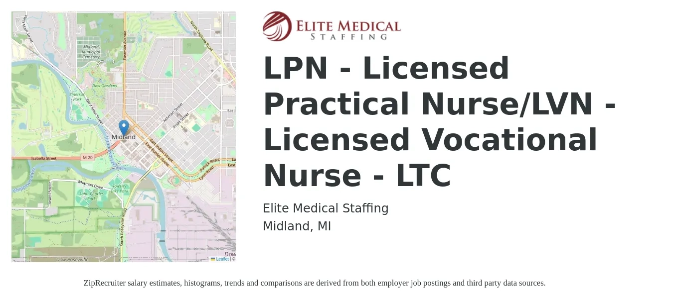 Elite Medical Staffing job posting for a LPN - Licensed Practical Nurse/LVN - Licensed Vocational Nurse - LTC in Midland, MI with a salary of $1,030 to $1,450 Weekly with a map of Midland location.