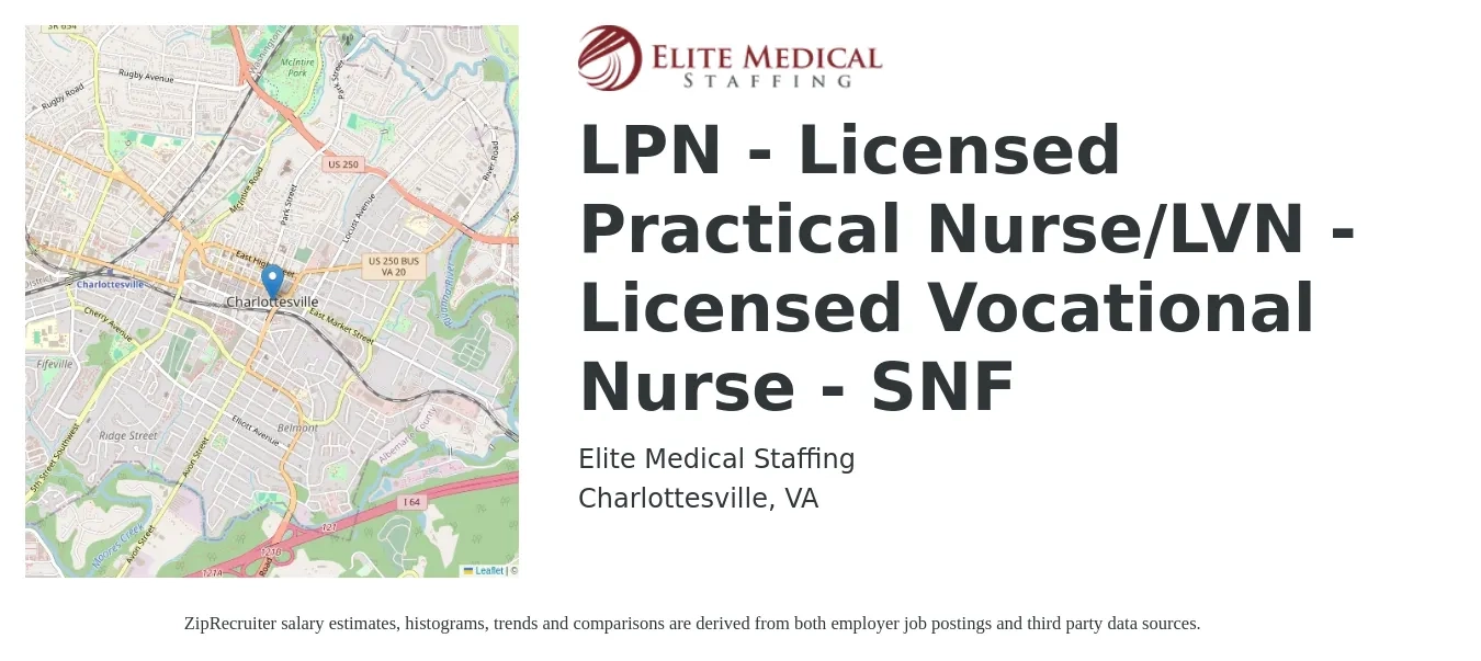 Elite Medical Staffing job posting for a LPN - Licensed Practical Nurse/LVN - Licensed Vocational Nurse - SNF in Charlottesville, VA with a salary of $1,190 to $1,680 Weekly with a map of Charlottesville location.