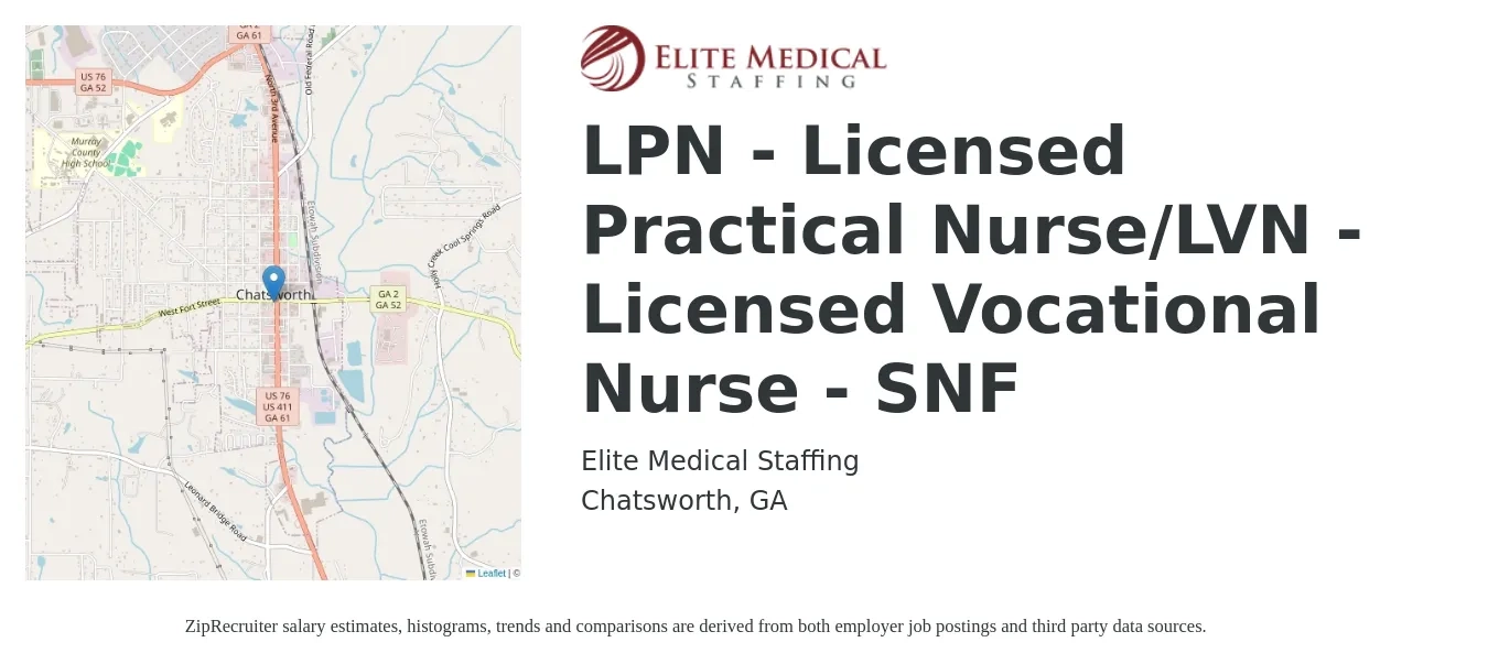 Elite Medical Staffing job posting for a LPN - Licensed Practical Nurse/LVN - Licensed Vocational Nurse - SNF in Chatsworth, GA with a salary of $1,070 to $1,510 Weekly with a map of Chatsworth location.