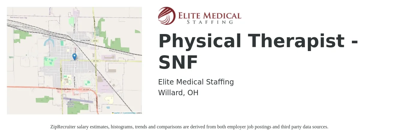 Elite Medical Staffing job posting for a Physical Therapist - SNF in Willard, OH with a salary of $1,550 to $2,010 Weekly with a map of Willard location.