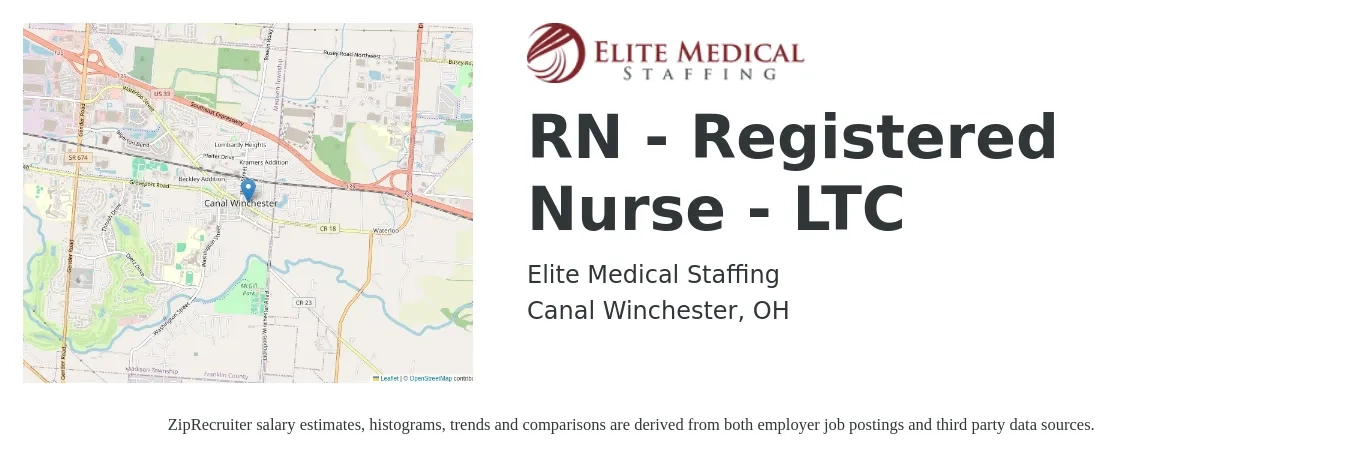 Elite Medical Staffing job posting for a RN - Registered Nurse - LTC in Canal Winchester, OH with a salary of $31 to $50 Hourly with a map of Canal Winchester location.