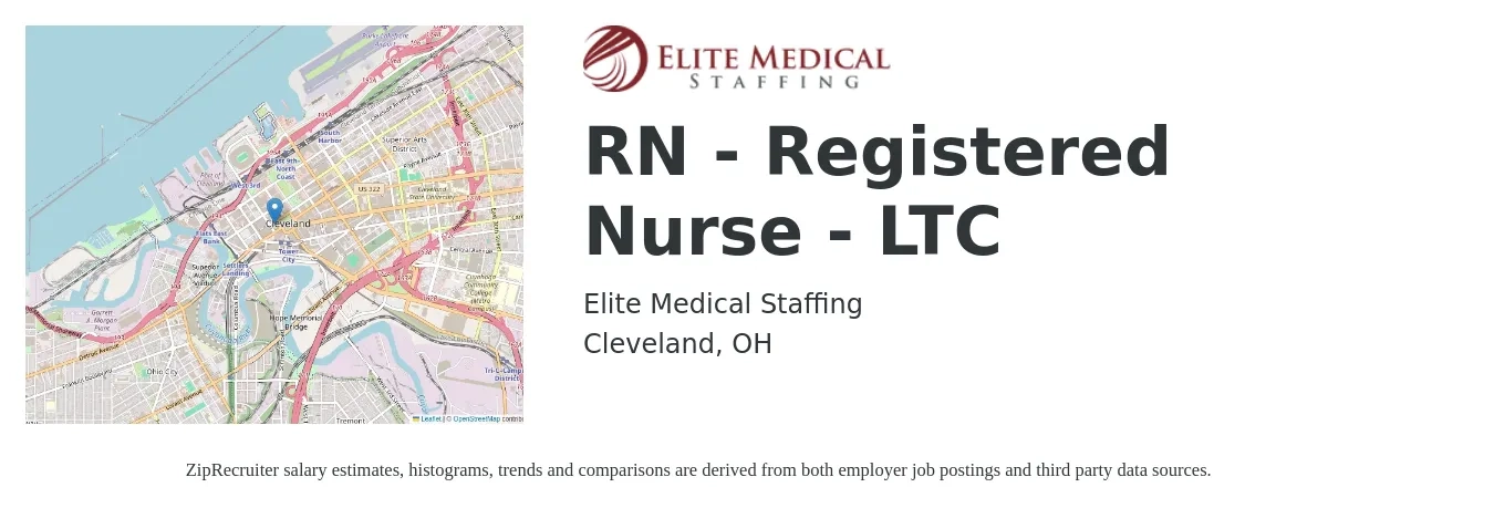 Elite Medical Staffing job posting for a RN - Registered Nurse - LTC in Cleveland, OH with a salary of $32 to $50 Hourly with a map of Cleveland location.