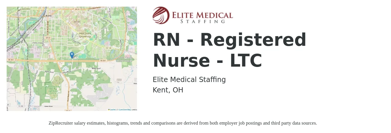 Elite Medical Staffing job posting for a RN - Registered Nurse - LTC in Kent, OH with a salary of $30 to $48 Hourly with a map of Kent location.