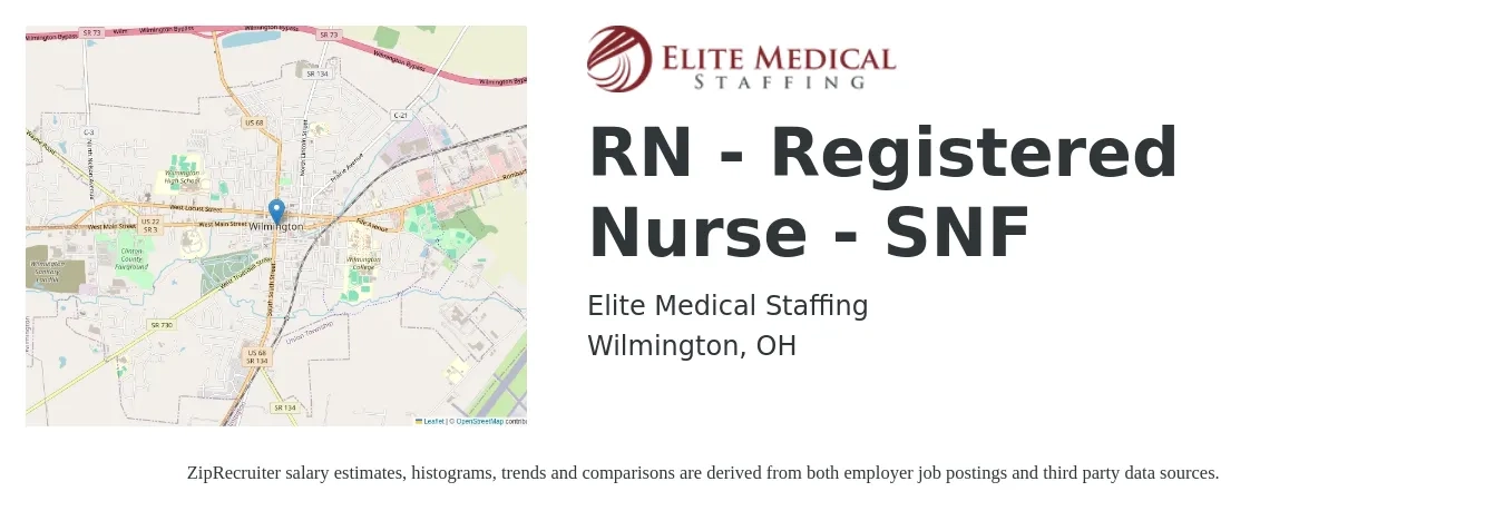 Elite Medical Staffing job posting for a RN - Registered Nurse - SNF in Wilmington, OH with a salary of $29 to $46 Hourly with a map of Wilmington location.