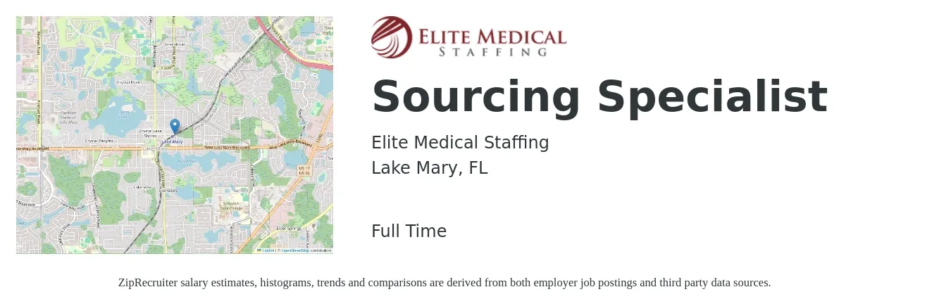 Elite Medical Staffing job posting for a Sourcing Specialist in Lake Mary, FL with a salary of $22 to $36 Hourly with a map of Lake Mary location.