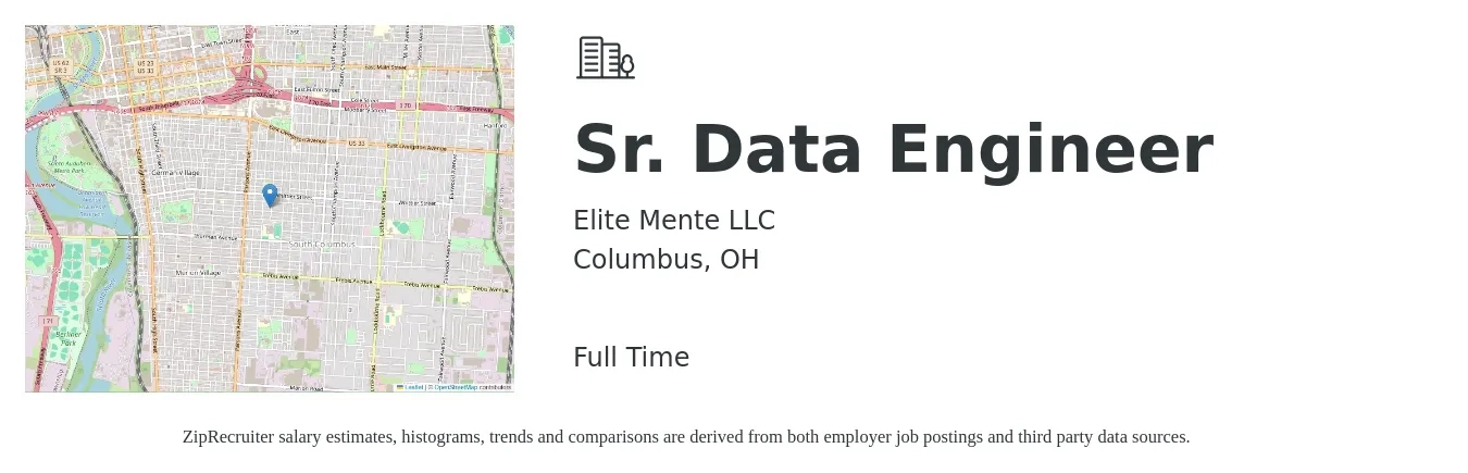 Elite Mente LLC job posting for a Sr. Data Engineer in Columbus, OH with a salary of $110,600 to $132,800 Yearly with a map of Columbus location.