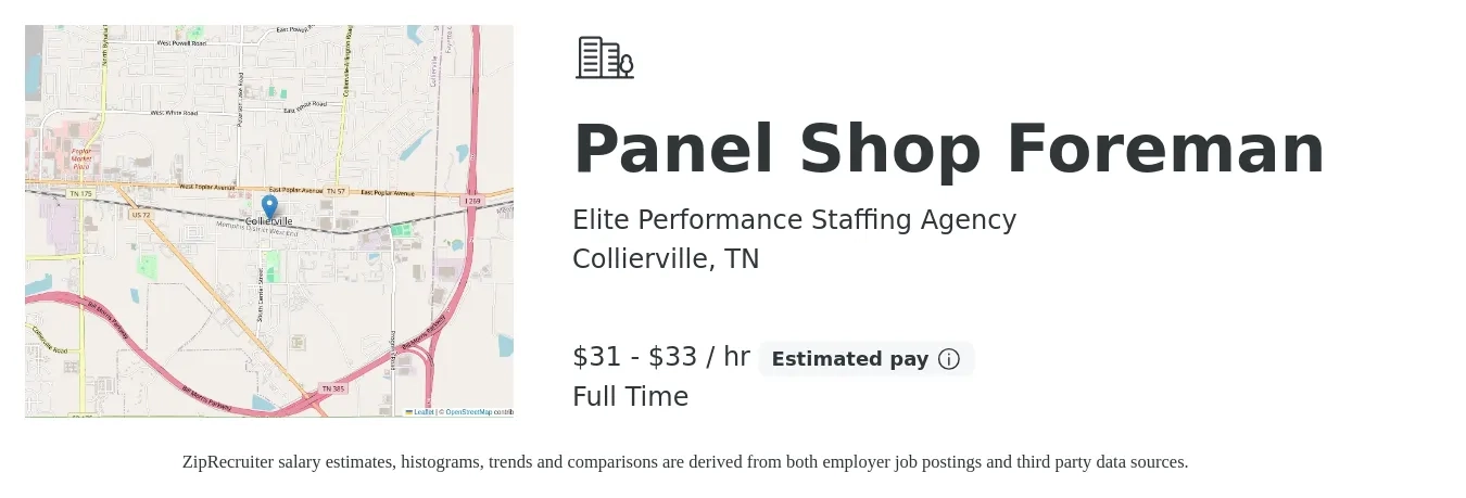 Elite Performance Staffing Agency job posting for a Panel Shop Foreman in Collierville, TN with a salary of $33 to $35 Hourly with a map of Collierville location.