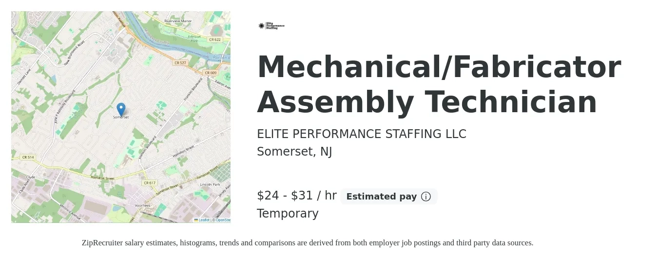ELITE PERFORMANCE STAFFING LLC job posting for a Mechanical/Fabricator Assembly Technician in Somerset, NJ with a salary of $25 to $33 Hourly with a map of Somerset location.