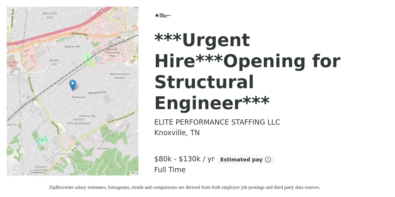 ELITE PERFORMANCE STAFFING LLC job posting for a ***Urgent Hire***Opening for Structural Engineer*** in Knoxville, TN with a salary of $80,000 to $130,000 Yearly with a map of Knoxville location.
