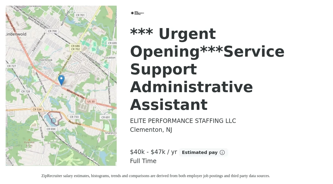ELITE PERFORMANCE STAFFING LLC job posting for a *** Urgent Opening***Service Support Administrative Assistant in Clementon, NJ with a salary of $40,000 to $47,000 Yearly with a map of Clementon location.