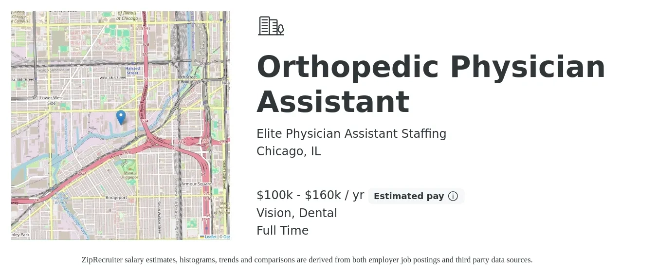 Elite Physician Assistant Staffing job posting for a Orthopedic Physician Assistant in Chicago, IL with a salary of $100,000 to $160,000 Yearly and benefits including retirement, vision, and dental with a map of Chicago location.