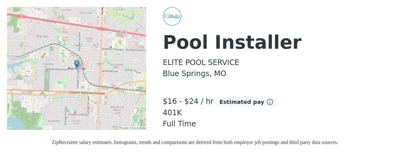 ELITE POOL SERVICE job posting for a Pool Installer in Blue Springs, MO with a salary of $17 to $25 Hourly and benefits including 401k with a map of Blue Springs location.
