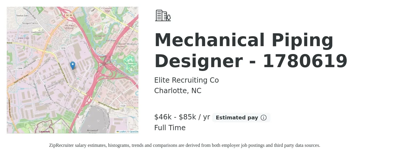 Elite Recruiting Co job posting for a Mechanical Piping Designer - 1780619 in Charlotte, NC with a salary of $46,000 to $85,000 Yearly with a map of Charlotte location.