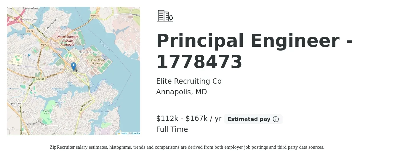 Elite Recruiting Co job posting for a Principal Engineer - 1778473 in Annapolis, MD with a salary of $112,000 to $167,000 Yearly with a map of Annapolis location.