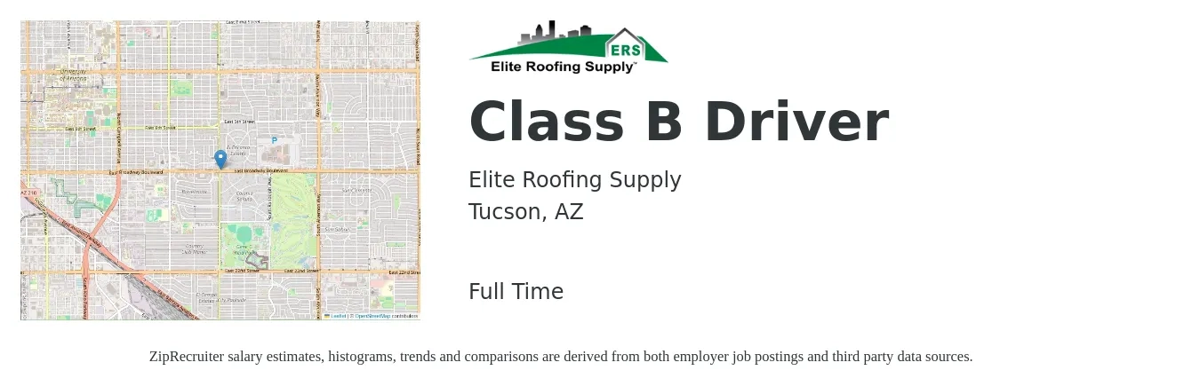 Elite Roofing Supply job posting for a Class B Driver in Tucson, AZ with a salary of $17 to $23 Hourly with a map of Tucson location.