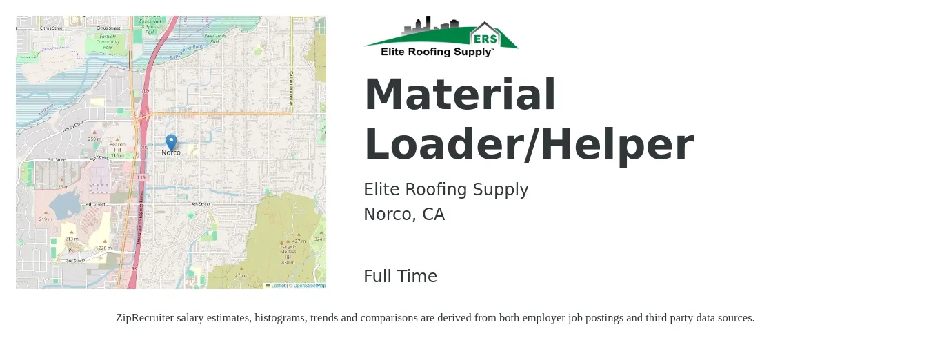 Elite Roofing Supply job posting for a Material Loader/Helper in Norco, CA with a map of Norco location.