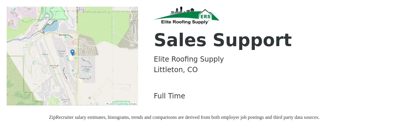 Elite Roofing Supply job posting for a Sales Support in Littleton, CO with a salary of $19 to $26 Hourly with a map of Littleton location.