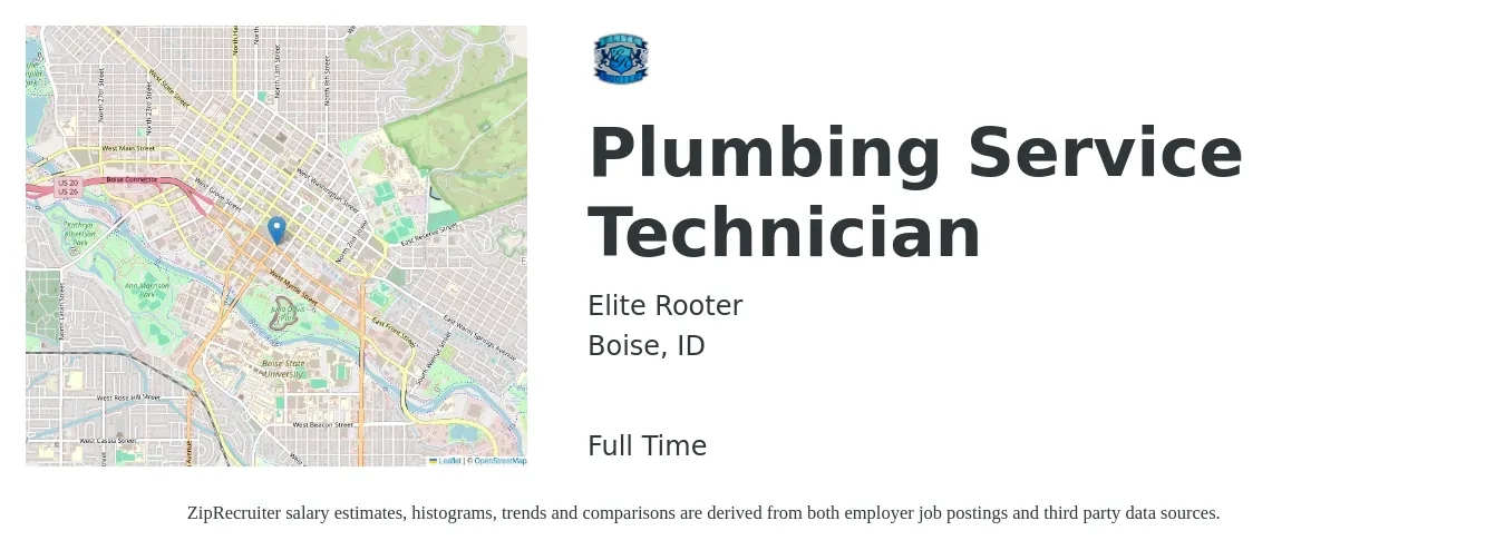 Elite Rooter job posting for a Plumbing Service Technician in Boise, ID with a salary of $10,000 Monthly with a map of Boise location.