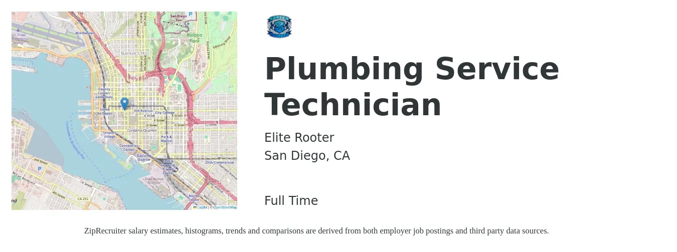 Elite Rooter job posting for a Plumbing Service Technician in San Diego, CA with a salary of $28 to $40 Hourly with a map of San Diego location.