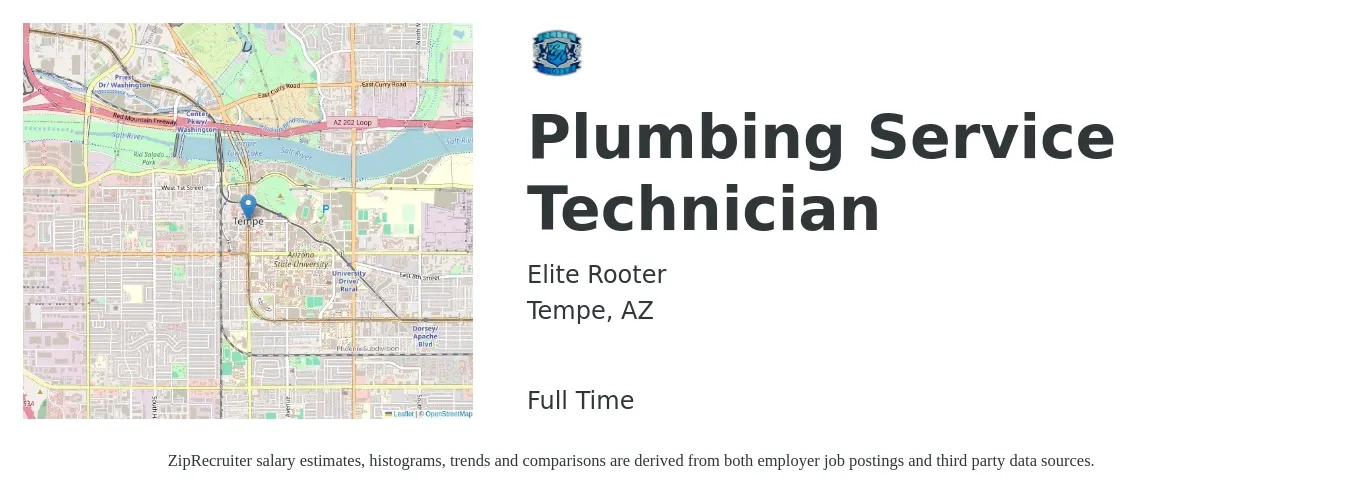 Elite Rooter job posting for a Plumbing Service Technician in Tempe, AZ with a salary of $25 to $36 Hourly with a map of Tempe location.