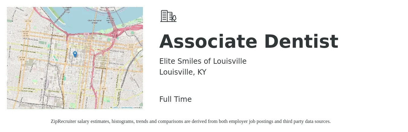 Elite Smiles of Louisville job posting for a Associate Dentist in Louisville, KY with a salary of $500 to $600 Daily (plus commission) and benefits including retirement, and pto with a map of Louisville location.