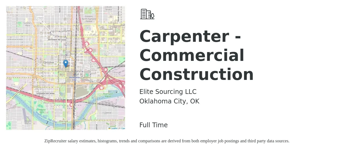 Elite Sourcing LLC job posting for a Carpenter - Commercial Construction in Oklahoma City, OK with a salary of $21 to $26 Hourly with a map of Oklahoma City location.