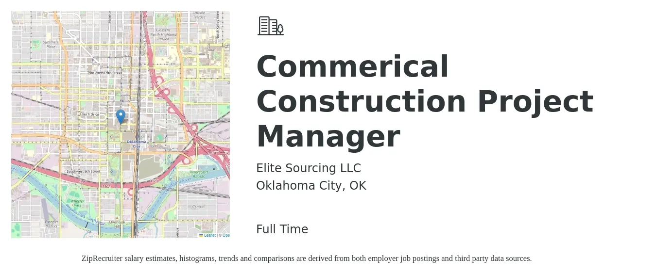 Elite Sourcing LLC job posting for a Commerical Construction Project Manager in Oklahoma City, OK with a salary of $83,600 to $112,900 Yearly with a map of Oklahoma City location.