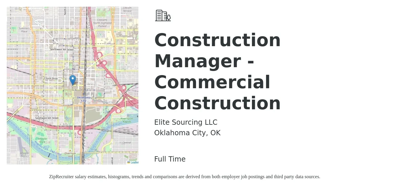 Elite Sourcing LLC job posting for a Construction Manager - Commercial Construction in Oklahoma City, OK with a salary of $110,000 to $130,000 Yearly with a map of Oklahoma City location.