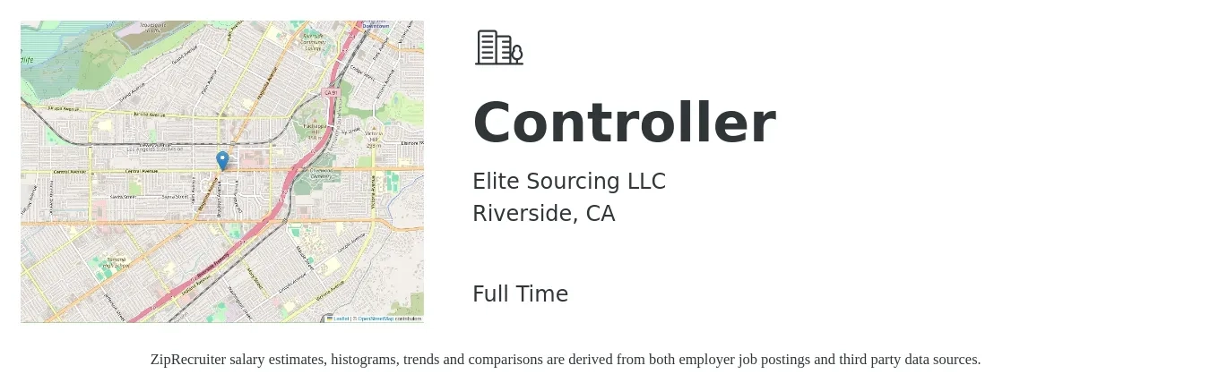 Elite Sourcing LLC job posting for a Controller in Riverside, CA with a salary of $101,200 to $144,500 Yearly with a map of Riverside location.