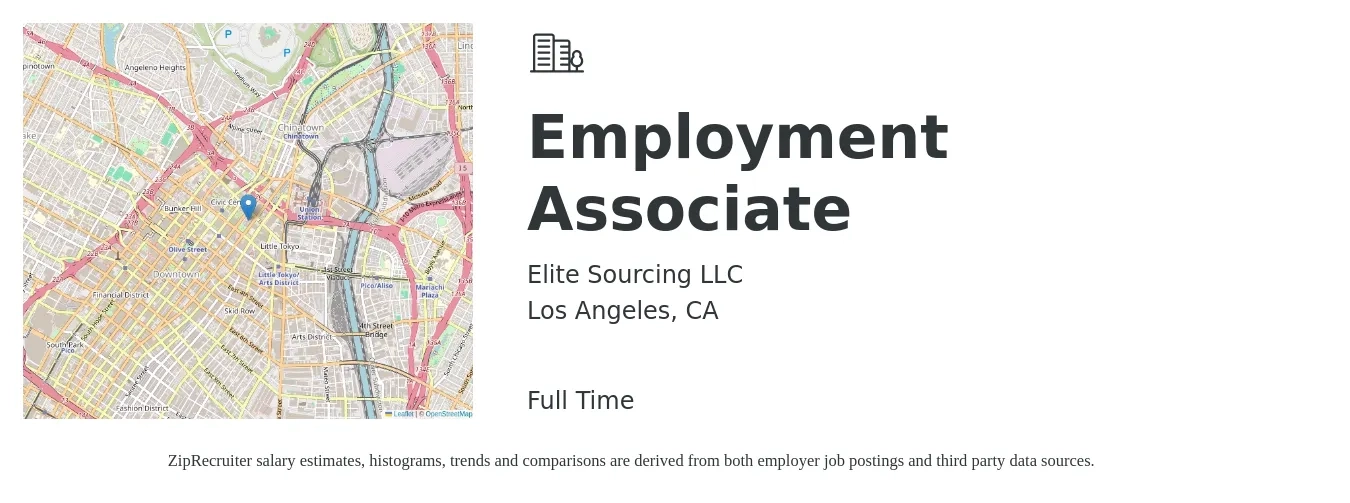 Elite Sourcing LLC job posting for a Employment Associate in Los Angeles, CA with a salary of $86,200 to $140,100 Yearly with a map of Los Angeles location.